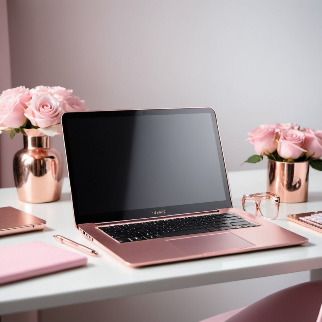 Rose gold home office aesthetic with blush walls — the workspace built for the shift